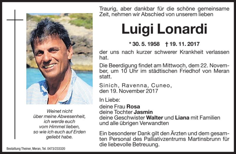  Traueranzeige für Luigi Lonardi vom 20.11.2017 aus Dolomiten