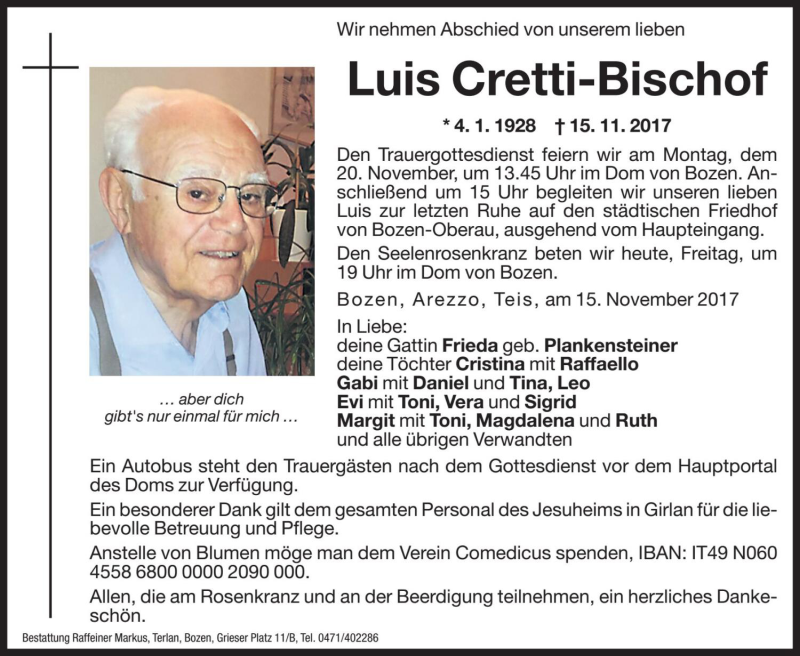  Traueranzeige für Luis Cretti-Bischof vom 17.11.2017 aus Dolomiten