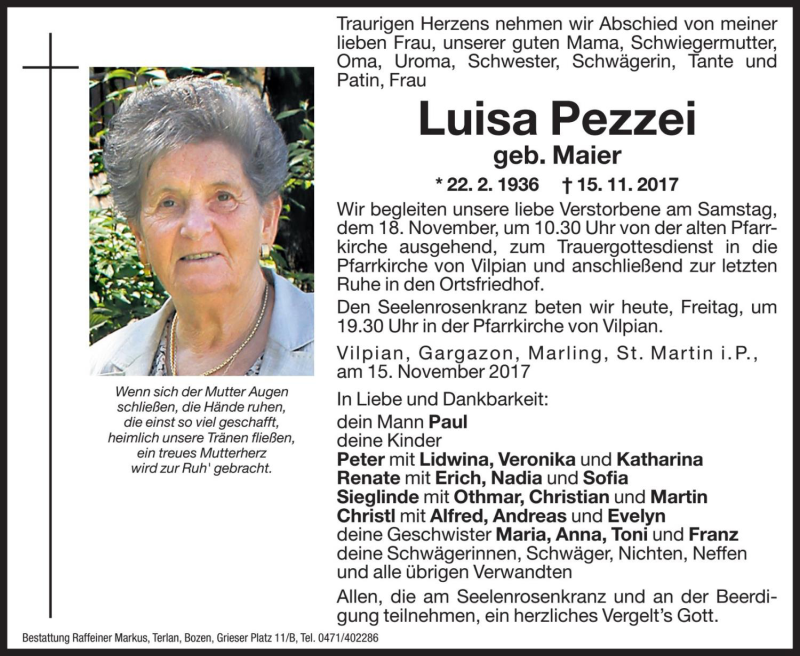  Traueranzeige für Luisa Pezzei vom 17.11.2017 aus Dolomiten