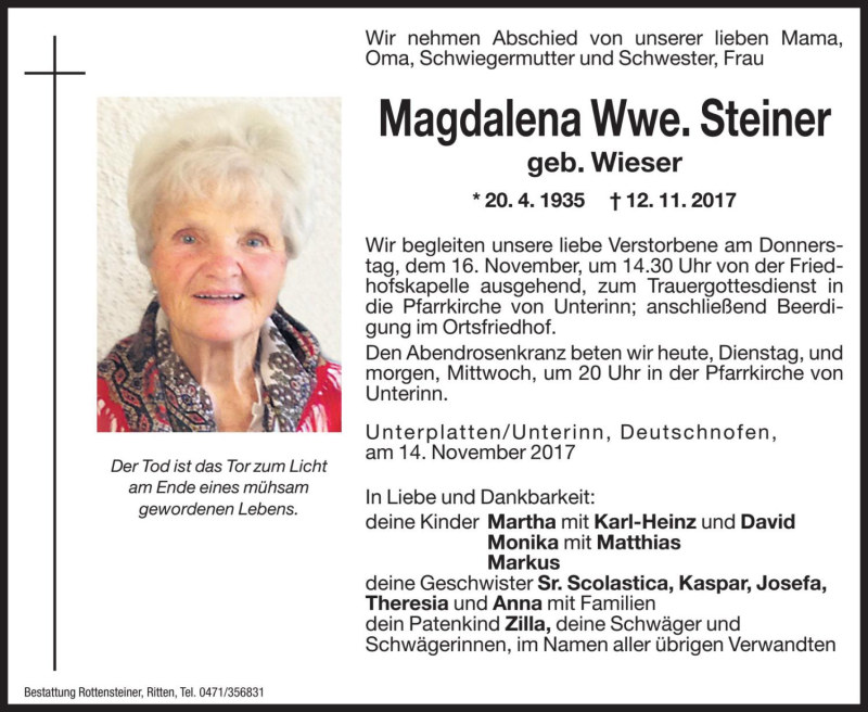  Traueranzeige für Magdalena Steiner vom 14.11.2017 aus Dolomiten