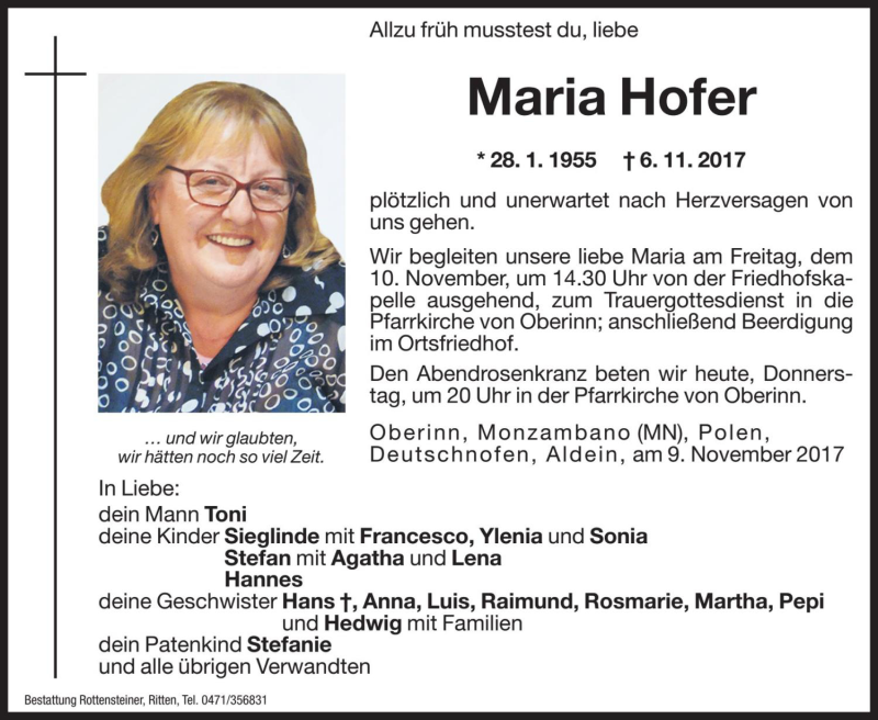  Traueranzeige für Maria Hofer vom 09.11.2017 aus Dolomiten