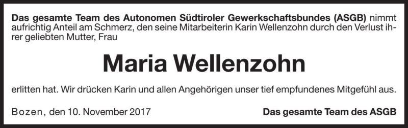  Traueranzeige für Maria Wellenzohn vom 11.11.2017 aus Dolomiten