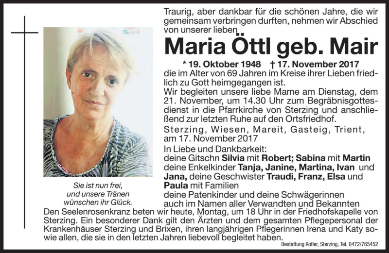  Traueranzeige für Maria Öttl vom 20.11.2017 aus Dolomiten