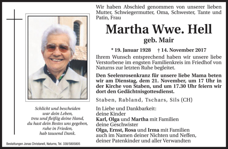  Traueranzeige für Martha Hell vom 18.11.2017 aus Dolomiten