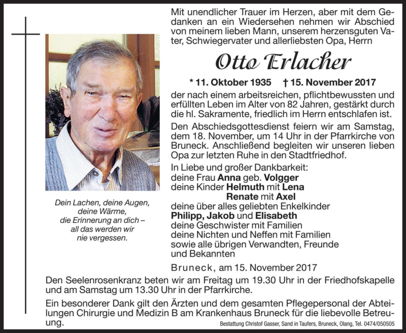  Traueranzeige für Otto Erlacher vom 17.11.2017 aus Dolomiten