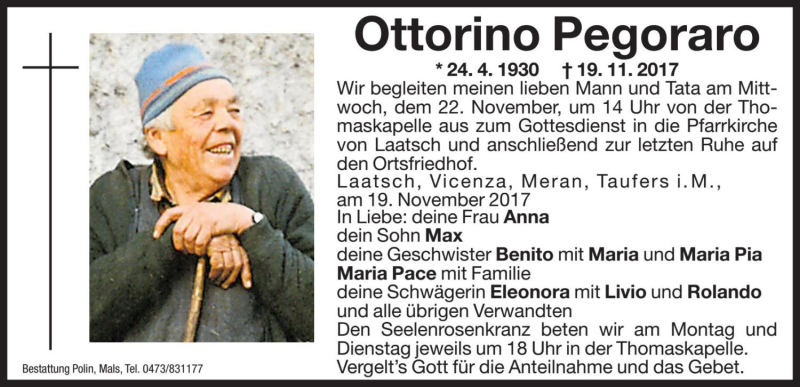  Traueranzeige für Ottorino Pegoraro vom 20.11.2017 aus Dolomiten
