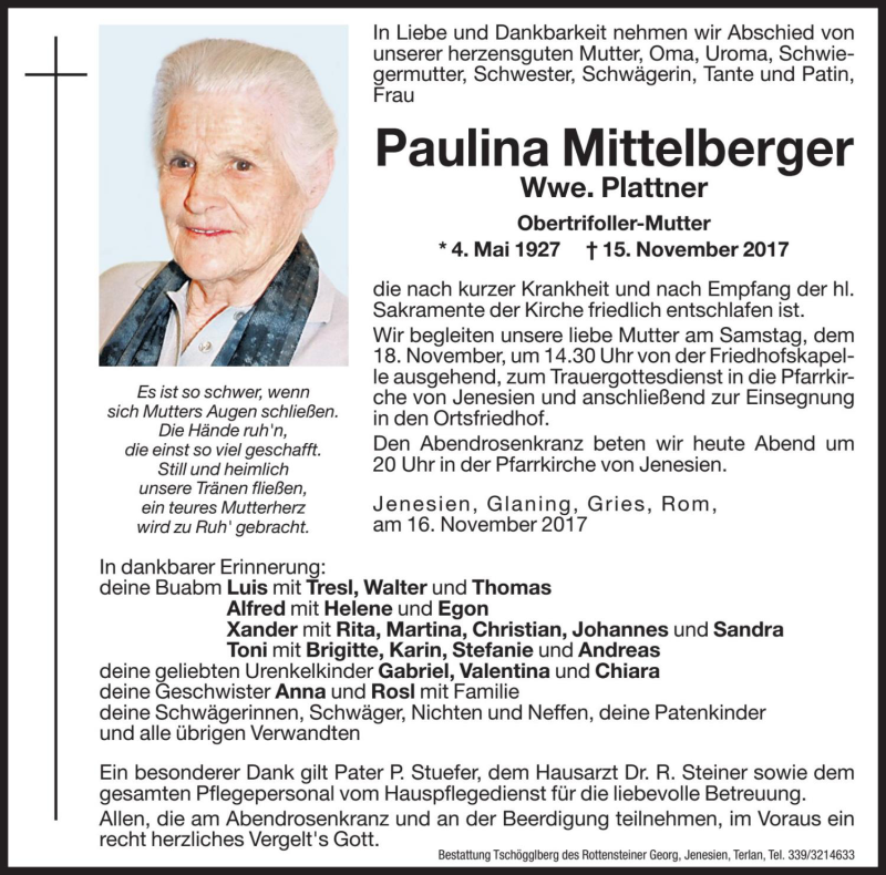  Traueranzeige für Paulina Plattner vom 17.11.2017 aus Dolomiten