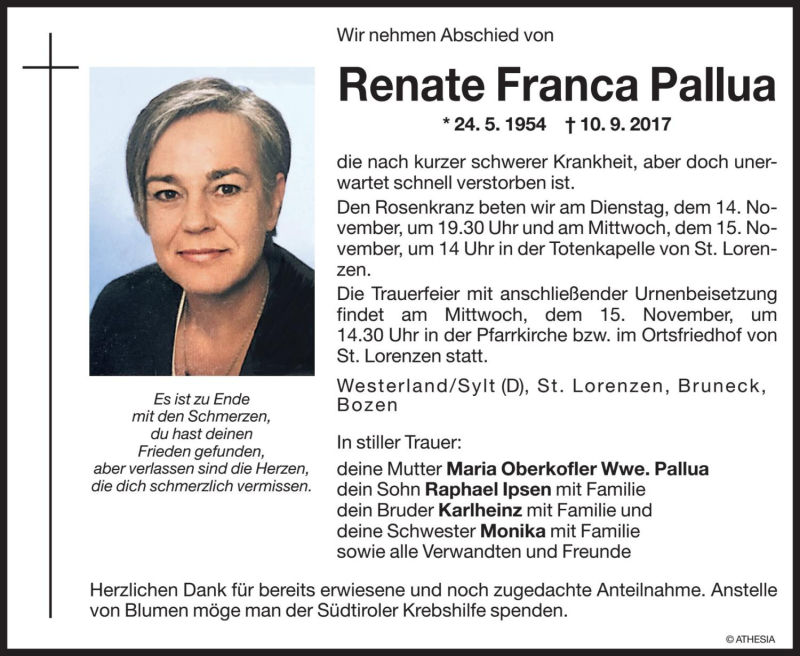  Traueranzeige für Renate Franca Pallua vom 11.11.2017 aus Dolomiten