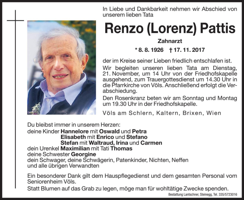  Traueranzeige für Renzo Pattis vom 18.11.2017 aus Dolomiten