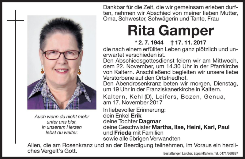  Traueranzeige für Rita Gamper vom 20.11.2017 aus Dolomiten