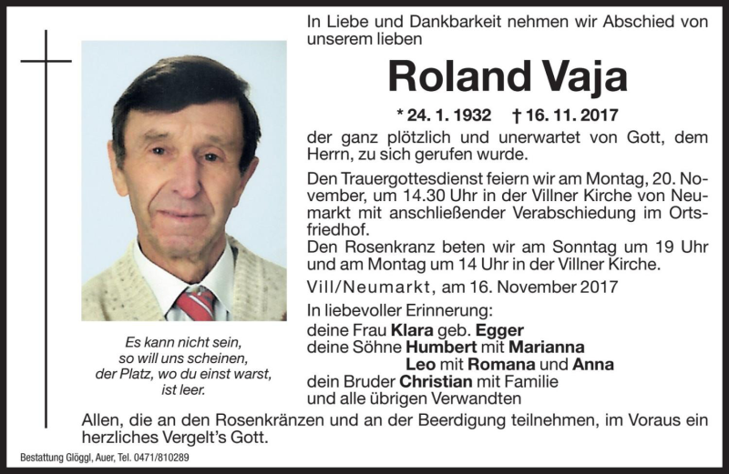  Traueranzeige für Roland Vaja vom 18.11.2017 aus Dolomiten