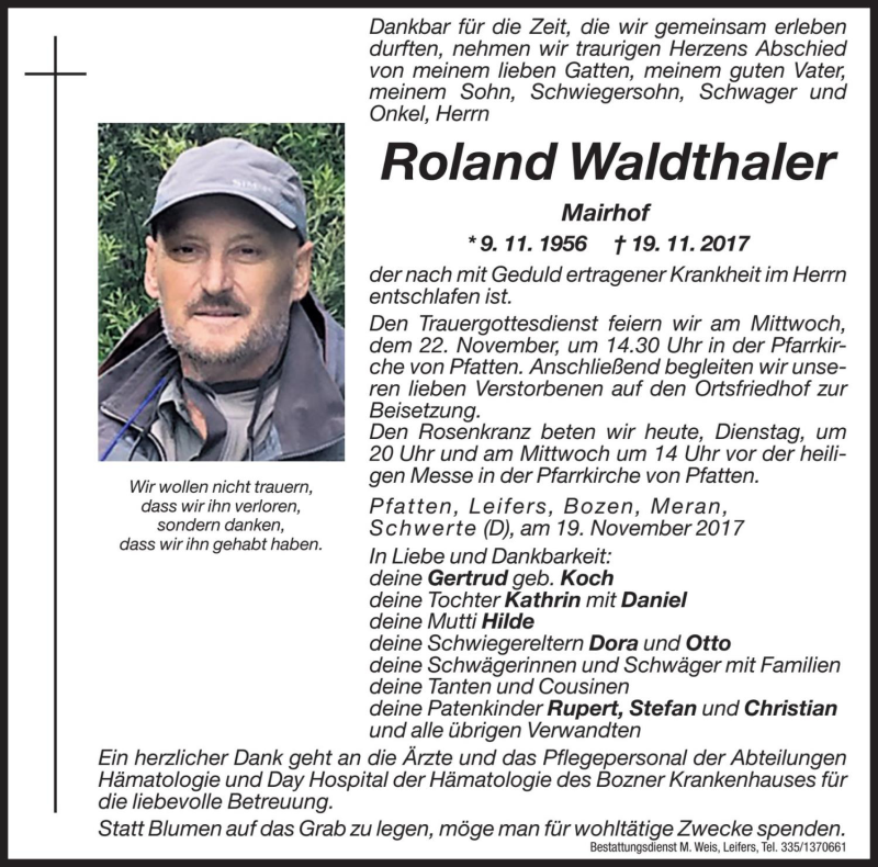  Traueranzeige für Roland Waldthaler vom 21.11.2017 aus Dolomiten