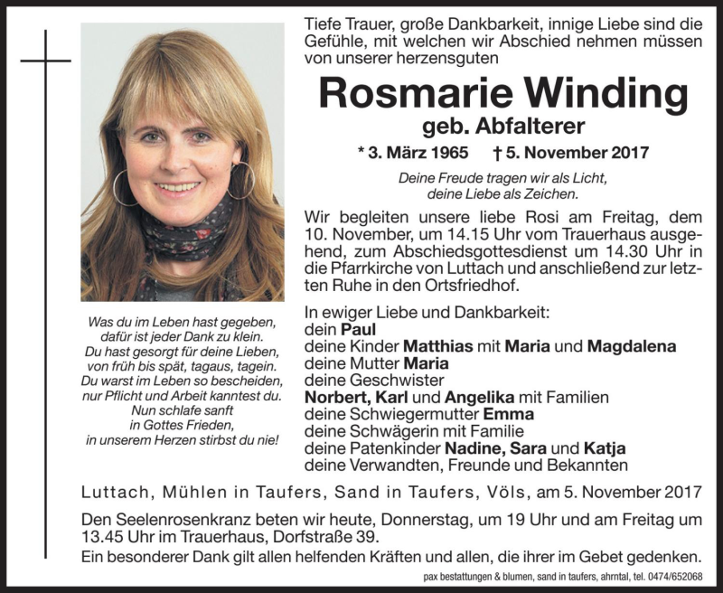  Traueranzeige für Rosmarie Winding vom 09.11.2017 aus Dolomiten