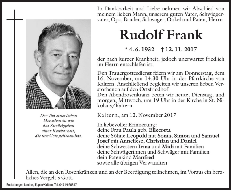  Traueranzeige für Rudolf Frank vom 14.11.2017 aus Dolomiten