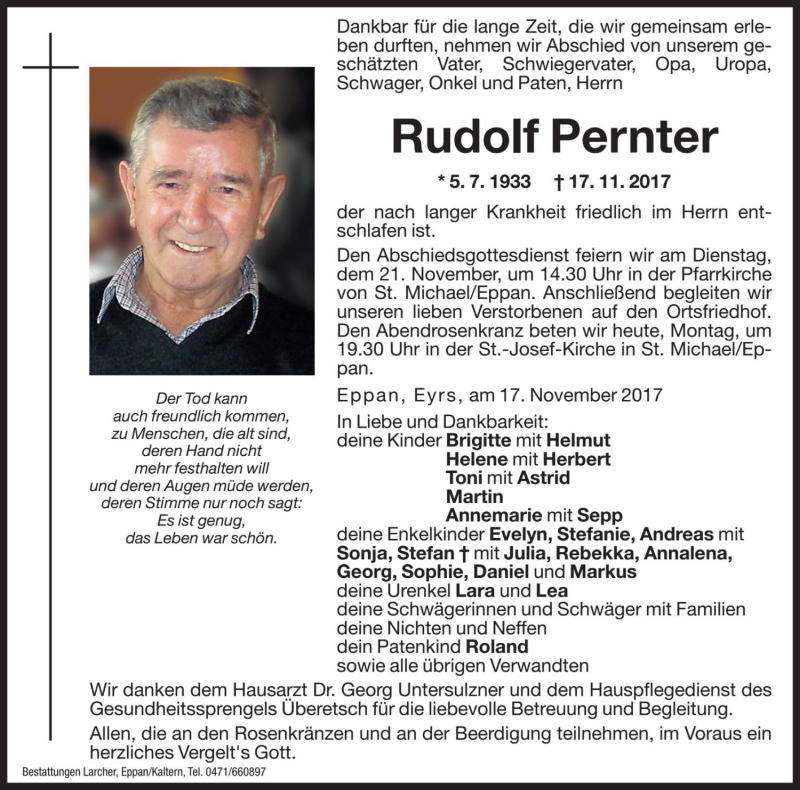  Traueranzeige für Rudolf Pernter vom 20.11.2017 aus Dolomiten
