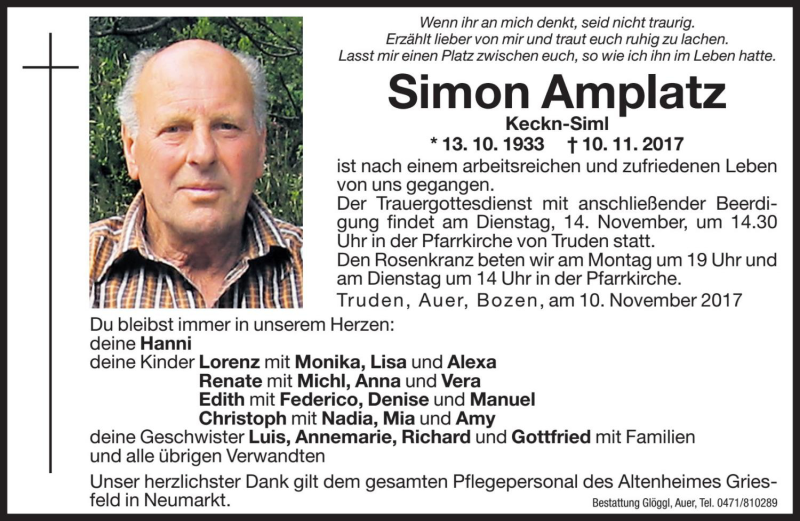  Traueranzeige für Simon Amplatz vom 11.11.2017 aus Dolomiten