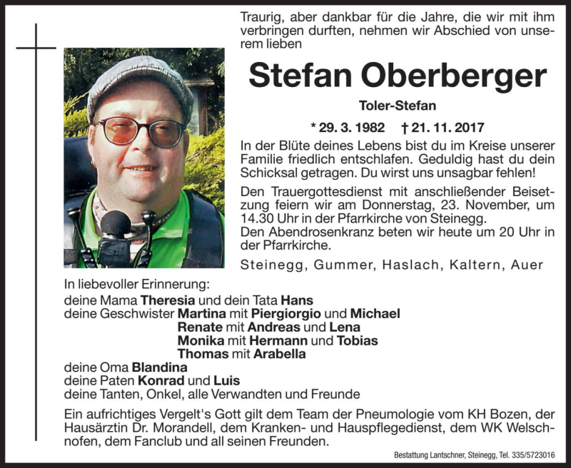  Traueranzeige für Stefan Oberberger vom 22.11.2017 aus Dolomiten