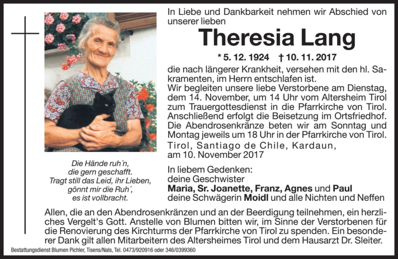  Traueranzeige für Theresia Lang vom 11.11.2017 aus Dolomiten