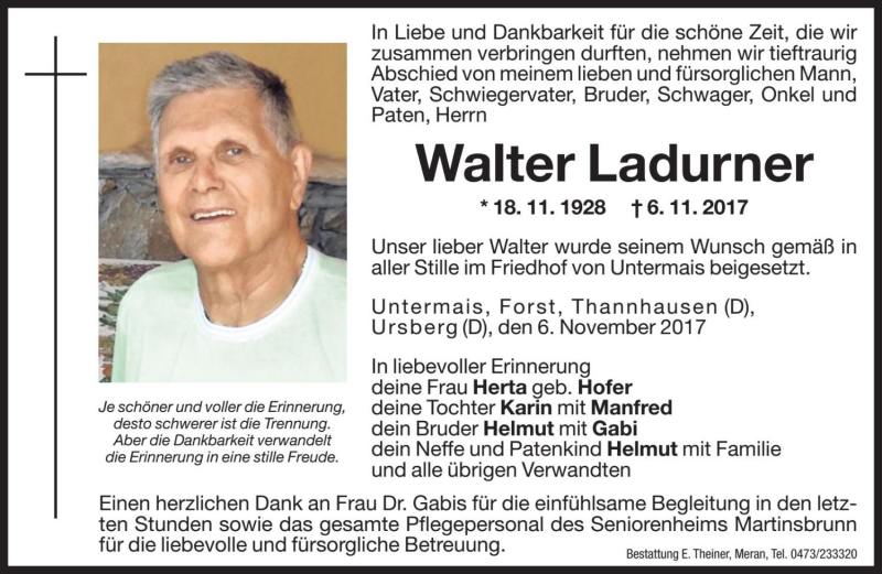  Traueranzeige für Walter Ladurner vom 17.11.2017 aus Dolomiten