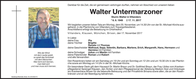  Traueranzeige für Walter Untermarzoner vom 18.11.2017 aus Dolomiten