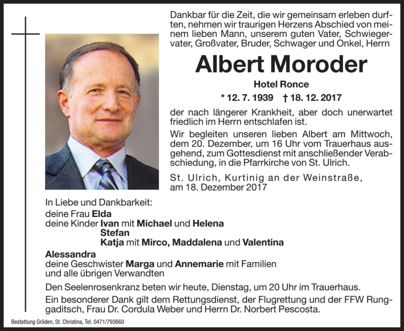  Traueranzeige für Albert Moroder vom 19.12.2017 aus Dolomiten
