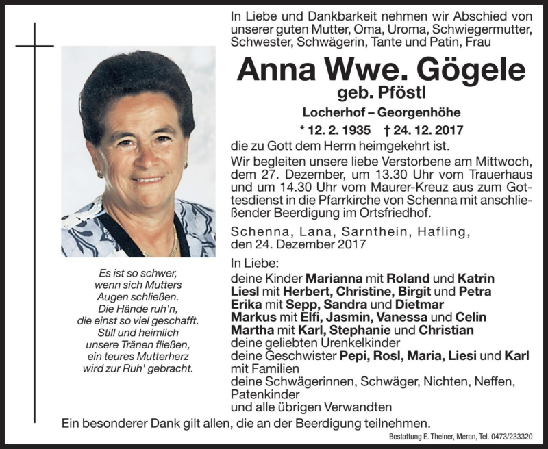  Traueranzeige für Anna Gögele vom 27.12.2017 aus Dolomiten