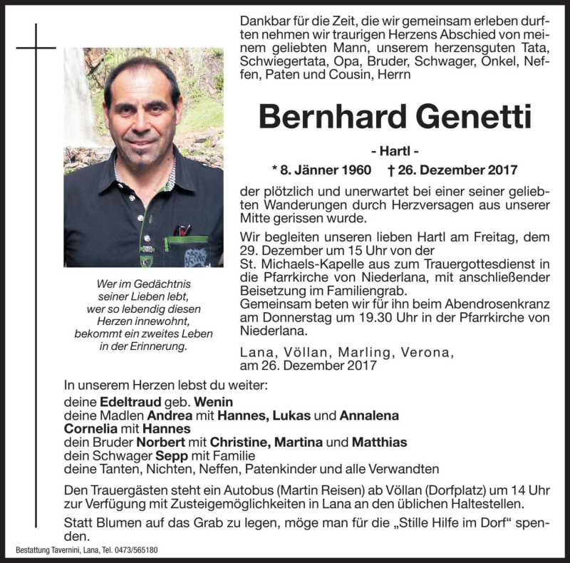  Traueranzeige für Bernhard Genetti vom 28.12.2017 aus Dolomiten
