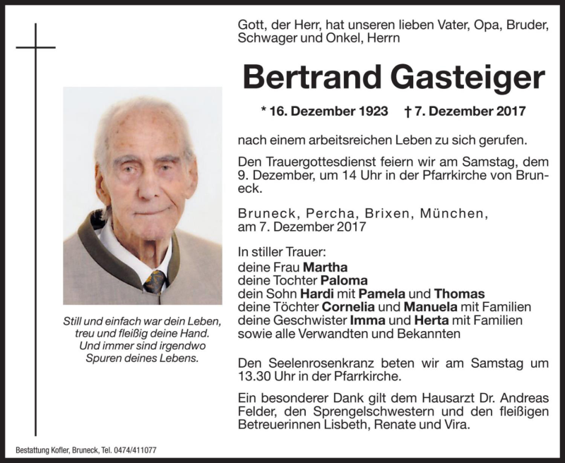  Traueranzeige für Bertrand Gasteiger vom 09.12.2017 aus Dolomiten