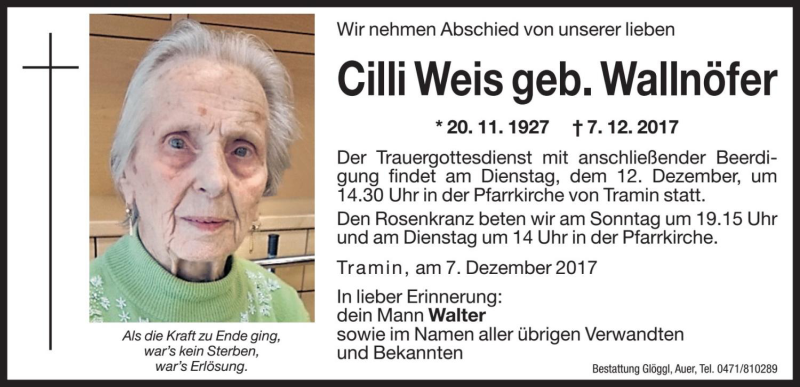  Traueranzeige für Cilli Weis vom 09.12.2017 aus Dolomiten