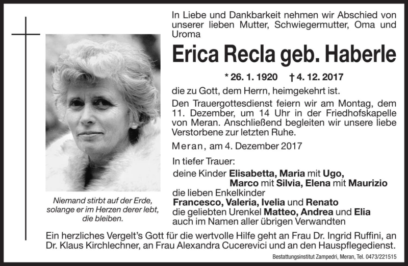  Traueranzeige für Erica Recla  vom 09.12.2017 aus Dolomiten