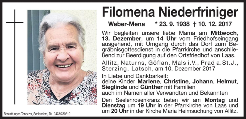  Traueranzeige für Filomena Niederfriniger vom 11.12.2017 aus Dolomiten