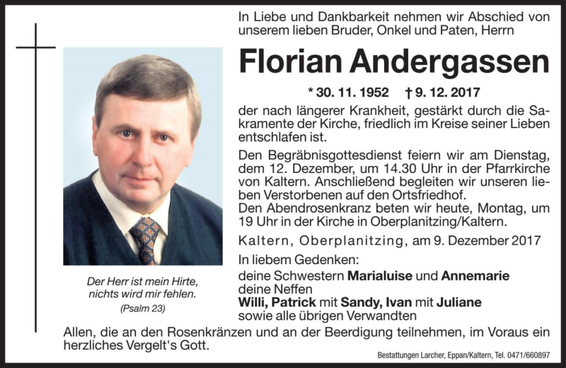  Traueranzeige für Florian Andergassen vom 11.12.2017 aus Dolomiten