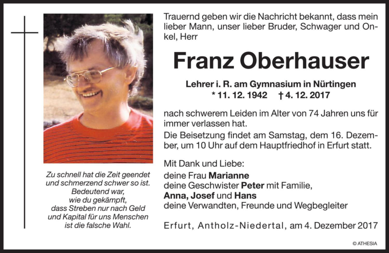  Traueranzeige für Franz Oberhauser vom 09.12.2017 aus Dolomiten