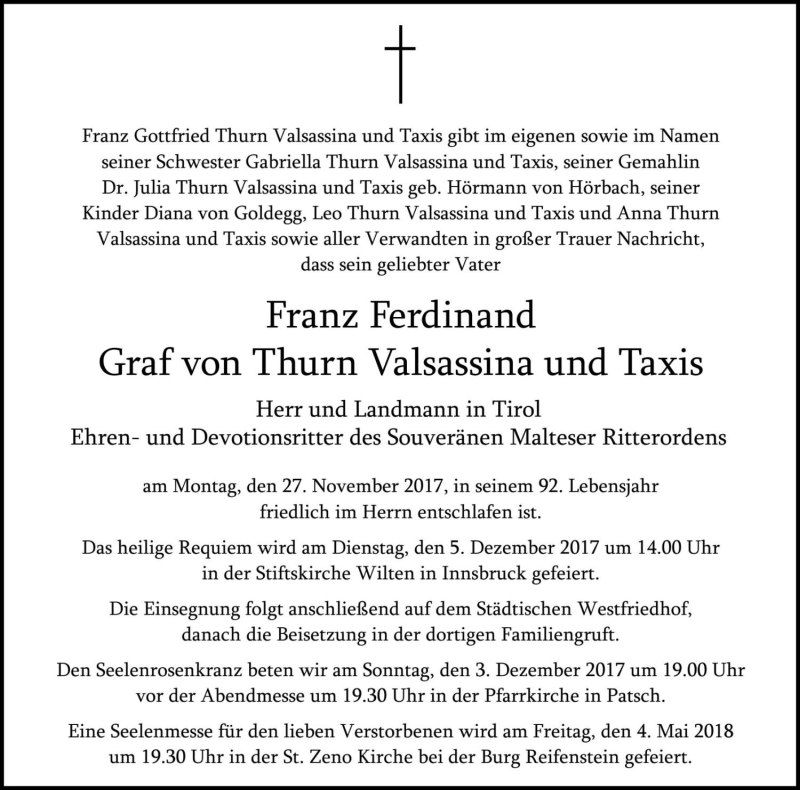  Traueranzeige für Franz Ferdinand Graf von Thurn Valsassina und Taxis vom 01.12.2017 aus Dolomiten