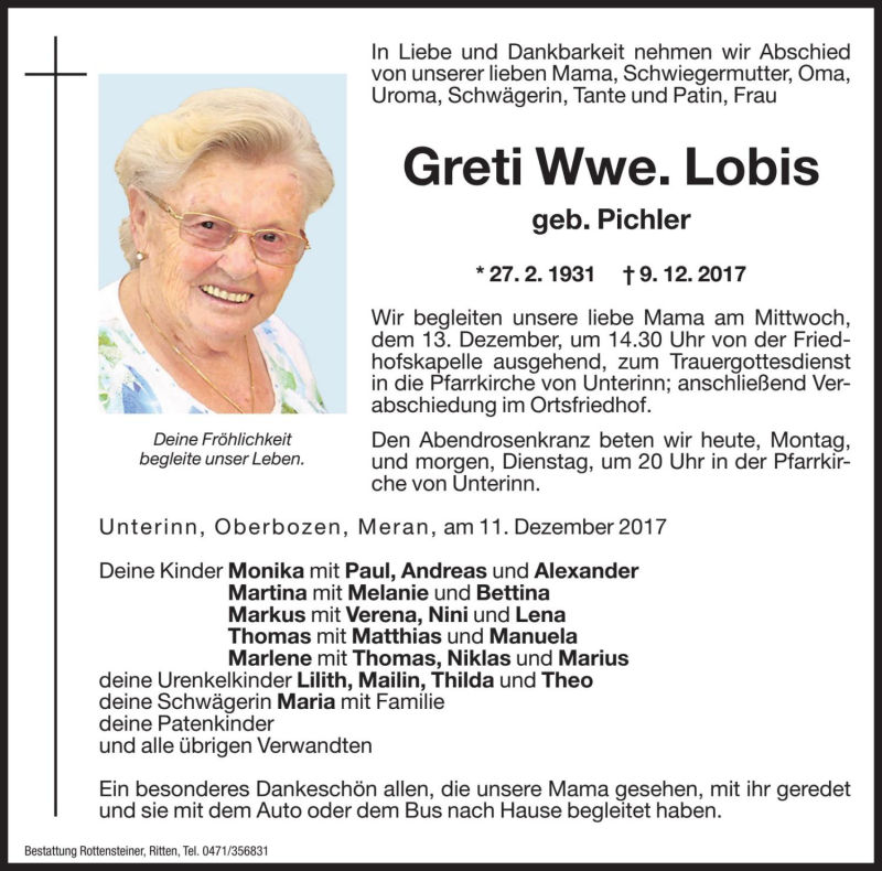  Traueranzeige für Greti Lobis vom 11.12.2017 aus Dolomiten