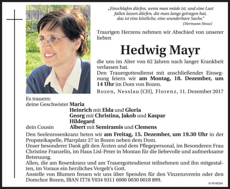  Traueranzeige für Hedwig Mayr vom 14.12.2017 aus Dolomiten