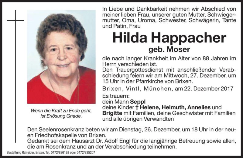  Traueranzeige für Hilda Happacher vom 23.12.2017 aus Dolomiten