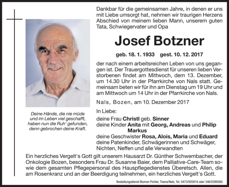  Traueranzeige für Josef Botzner vom 12.12.2017 aus Dolomiten