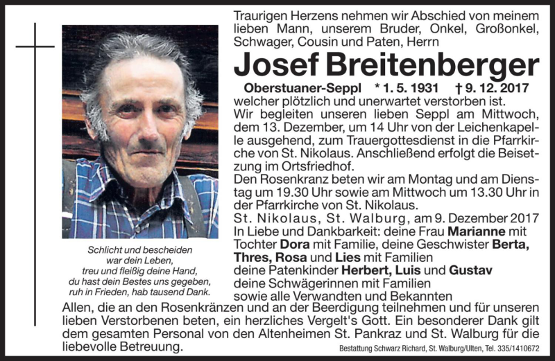  Traueranzeige für Josef Breitenberger vom 11.12.2017 aus Dolomiten