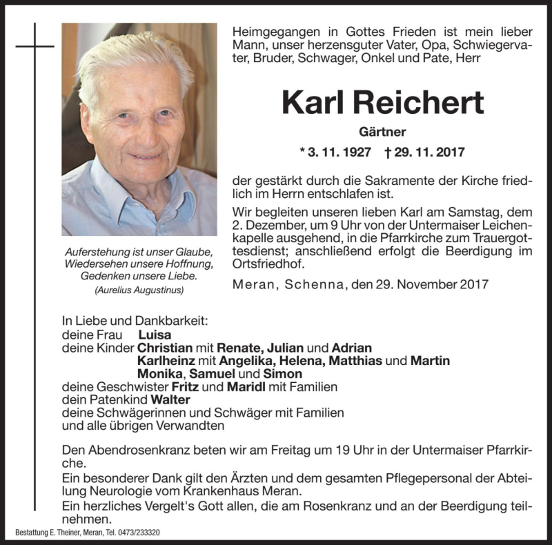  Traueranzeige für Karl Reichert vom 01.12.2017 aus Dolomiten