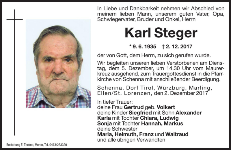 Traueranzeige für Karl Steger vom 04.12.2017 aus Dolomiten