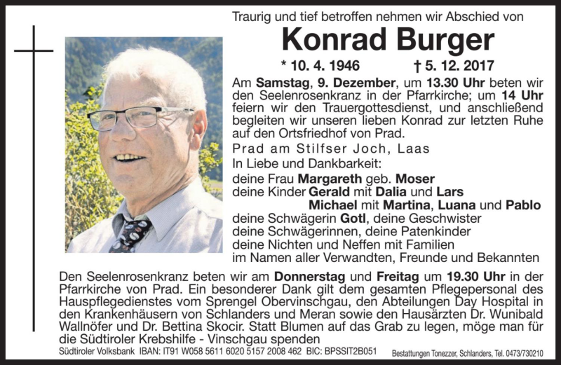  Traueranzeige für Konrad Burger vom 07.12.2017 aus Dolomiten