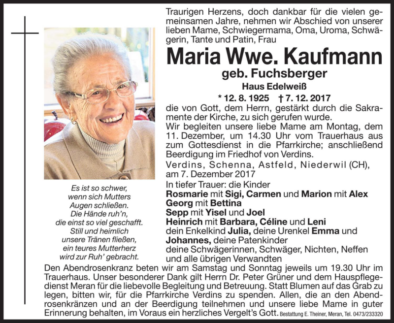  Traueranzeige für Maria Kaufmann vom 09.12.2017 aus Dolomiten