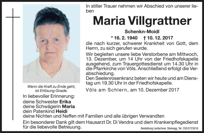  Traueranzeige für Maria Villgrattner  vom 11.12.2017 aus Dolomiten