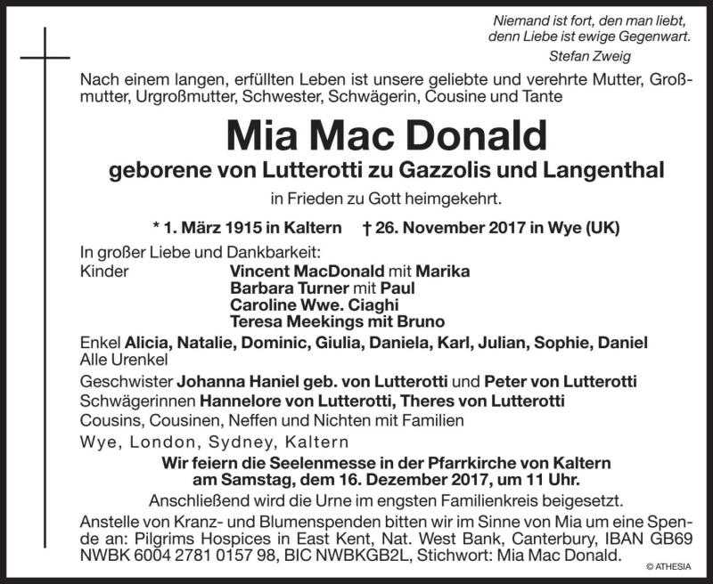  Traueranzeige für Mia Mac Donald vom 12.12.2017 aus Dolomiten