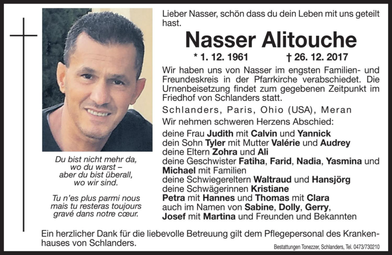  Traueranzeige für Nasser Alitouche vom 29.12.2017 aus Dolomiten