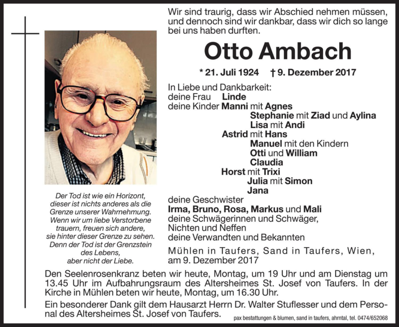  Traueranzeige für Otto Ambach vom 11.12.2017 aus Dolomiten
