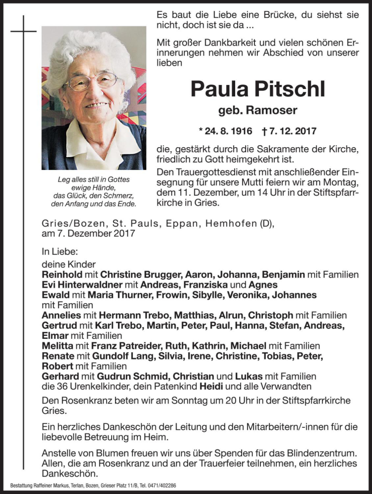  Traueranzeige für Paula Pitschl vom 09.12.2017 aus Dolomiten