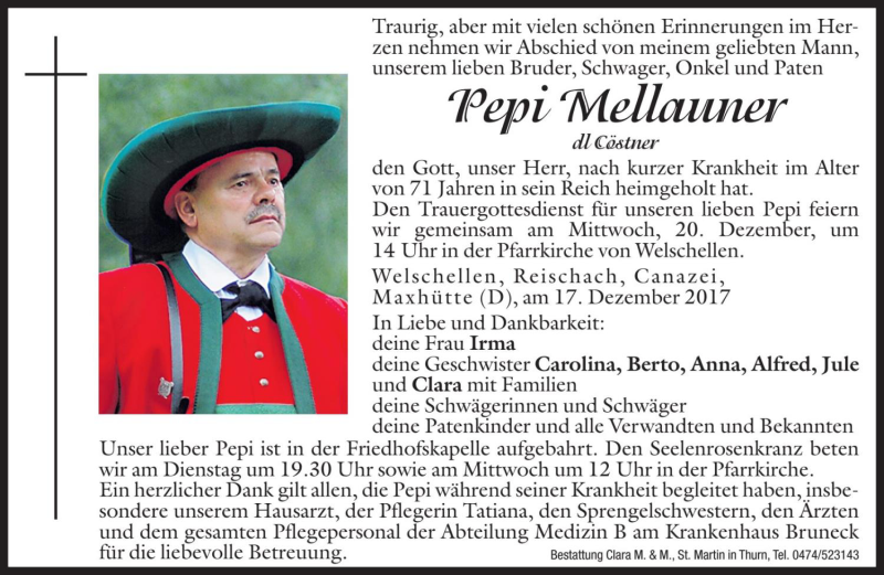  Traueranzeige für Pepi Mellauner vom 19.12.2017 aus Dolomiten