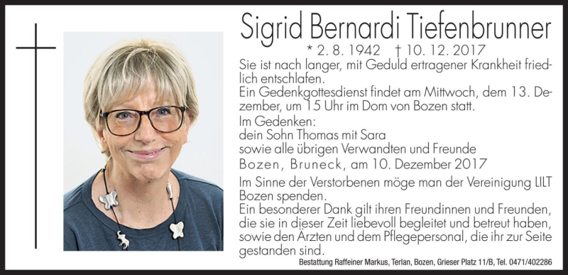  Traueranzeige für Sigrid Bernardi Tiefenbrunner vom 12.12.2017 aus Dolomiten